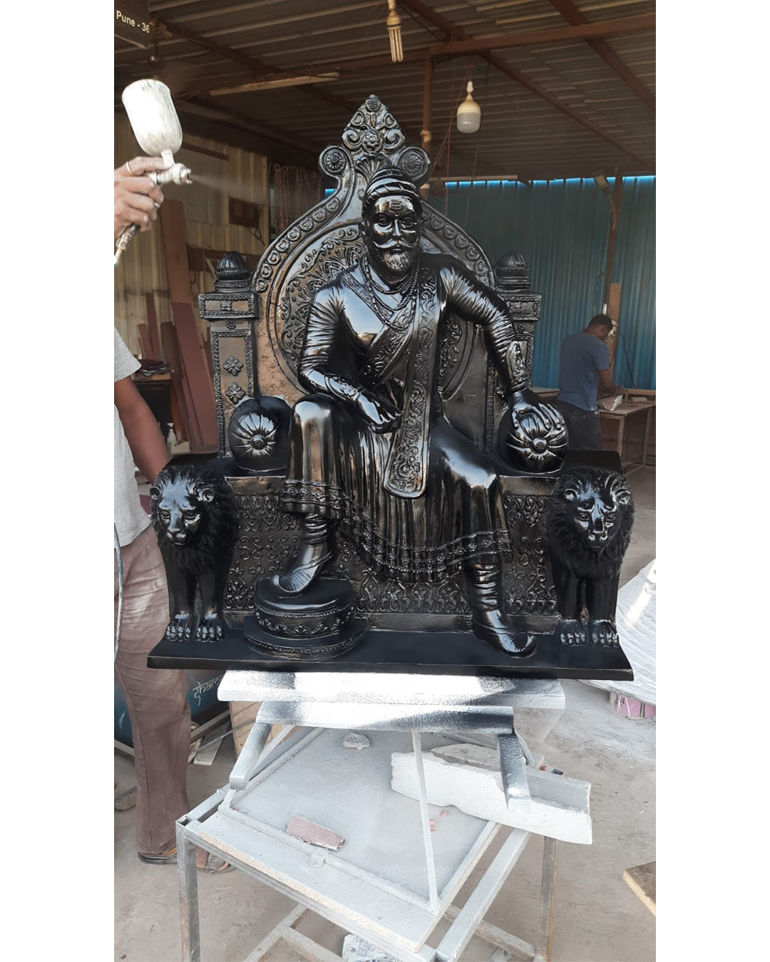 Riddhi Siddhi Art Creations - Antique Black Metal Finish Shivaji Throne Mural